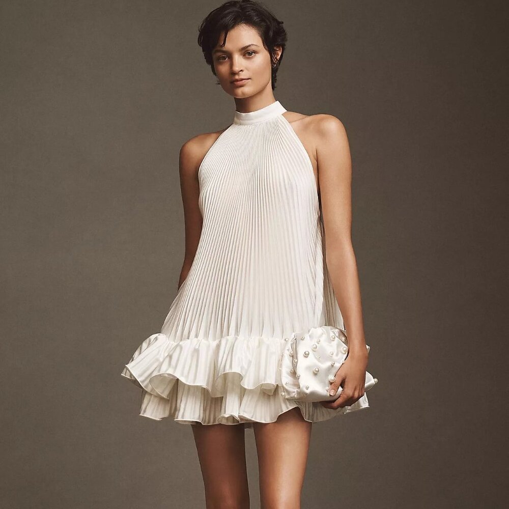 NWT L'IDÉE Soleil Halter Ruffled Pleated Tiered Mini Dress